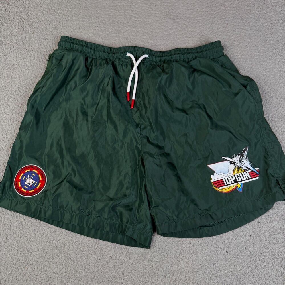 TOP GUN Shorts Mens XL Green Mesh Lined Shoe Palace Patch Fighter Weapon Workout